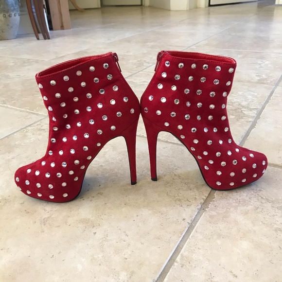 Red suede like faux crystal studded ankle boots - Picture 4 of 7